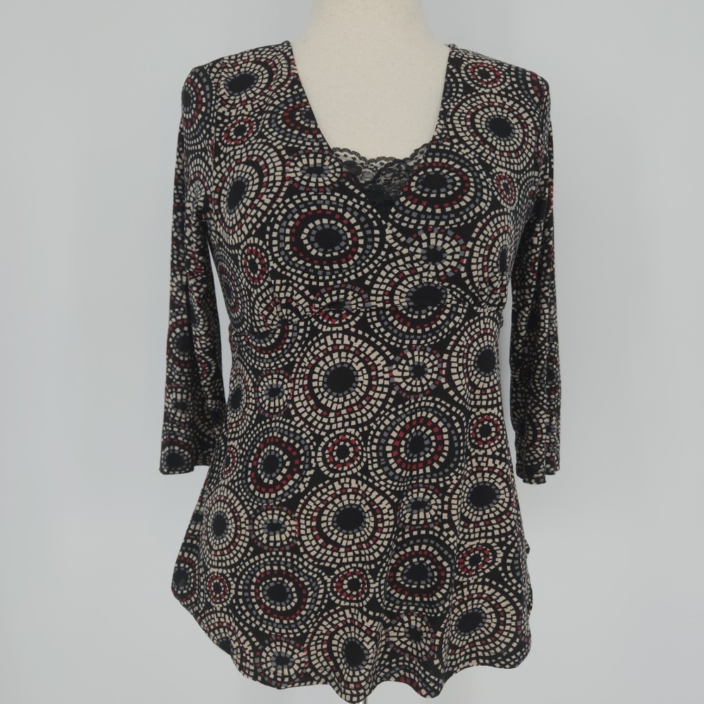 Oh! Mamma Geometric Print Lace Trim Maternity Top Black Red‎ Cream 3/4 Sleeve Sm